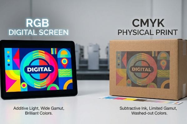 Comparing RGB Digital Screen's brilliant colors on a tablet with CMYK Physical Print's washed-out hues on a corrugated box.