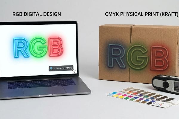 A laptop screen displays vibrant RGB Digital Design next to duller CMYK Physical Print on Kraft cardboard boxes, highlighting color shift with Pantone swatches and a spectrophotometer.