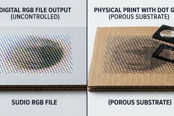 Corrugated board shows Digital Rgb File Output (Uncontrolled) halftone dots versus Physical Print With Dot Gain (Porous Substrate).