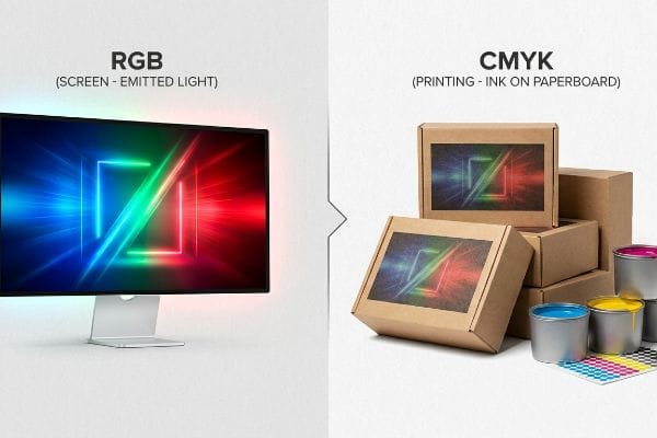 Visual comparison of RGB (Screen - Emitted Light) on a monitor and CMYK (Printing - Ink on Paperboard) on brown cardboard boxes with ink.