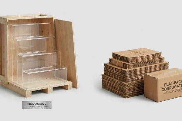 Rigid Acrylic tiered display in a wooden crate, labeled 'Rigid Acrylic - High Freight Volume', contrasted with Flat-Pack Corrugated boxes for Optimized Logistics.