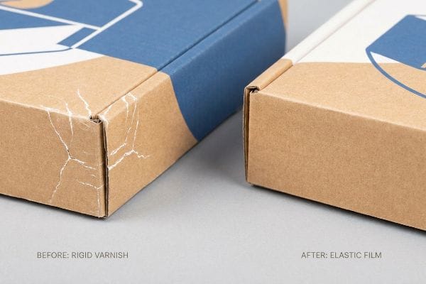 Brown corrugated packaging comparison: cracked box with Rigid Varnish versus smooth box with Elastic Film, demonstrating anti-crack lamination.