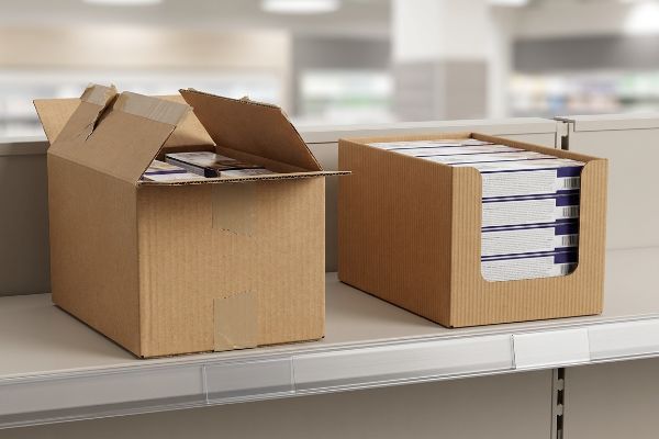 零售货架上的瓦楞纸箱:一个打开的 RSC,纸箱盖已撕破,旁边是一个已上架的 HSC 商品陈列架。.