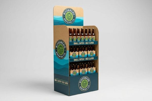 Kraft corrugated floor display unit for Riverbend Brewing Co. craft beer bottles, showcasing 
