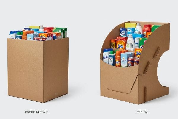 Brown corrugated cardboard displays: a 'Rookie Mistake' box hiding products versus a 'Pro Fix' curvy, die-cut FSDU for visual disruption.