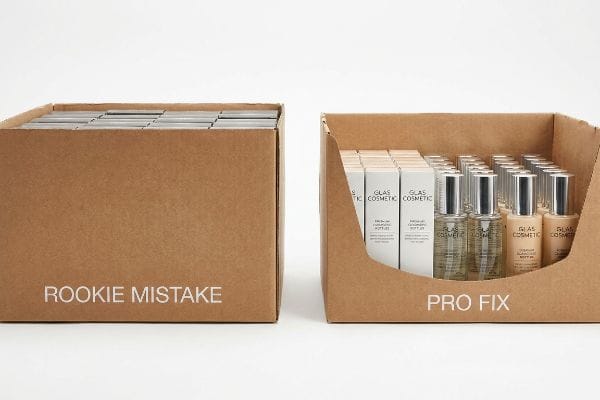 Brown cardboard boxes: 'Rookie Mistake' vs. 'Pro Fix' PDQ display with visible Glas Cosmetic Premium Blancing Soft Oil bottles.