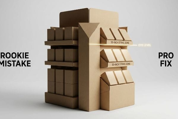 Cardboard retail display illustrates a 'Rookie Mistake' with low flat shelves versus a 'Pro Fix' utilizing angled shelves within the '50-Inch Strike Zone' at 'Eye Level'.