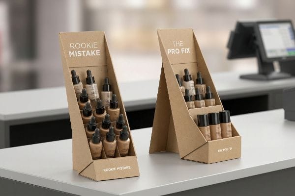 Kraft paperboard counter POS displays showcasing 'Rookie Mistake' with flat 90-degree back panel holding dropper foundation bottles and 'The Pro Fix' with extended easel back and false bottom for cosmetics.