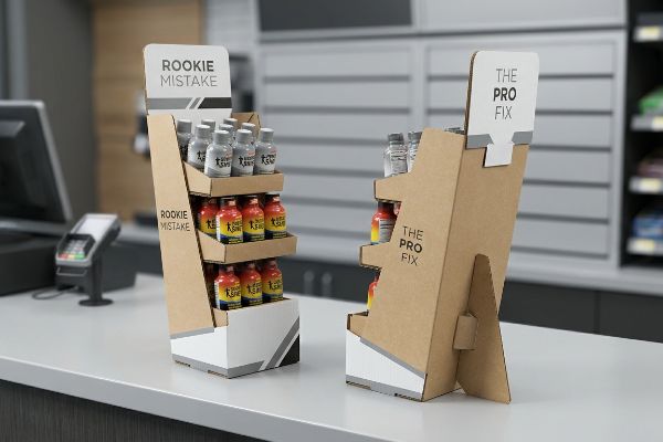 Expositores de cartón corrugado marrón natural para bebidas energéticas líquidas, con los diseños "Rookie Mistake" y "The Pro Fix" y un soporte trasero alargado.