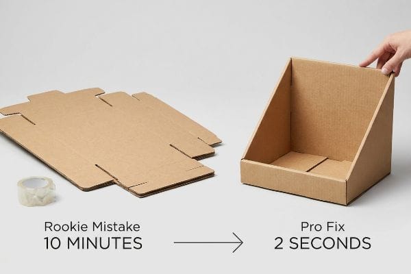 Brown corrugated cardboard shows Rookie Mistake 10 Minutes flat-pack assembly vs. Pro Fix 2 Seconds pre-assembled PDQ display box.