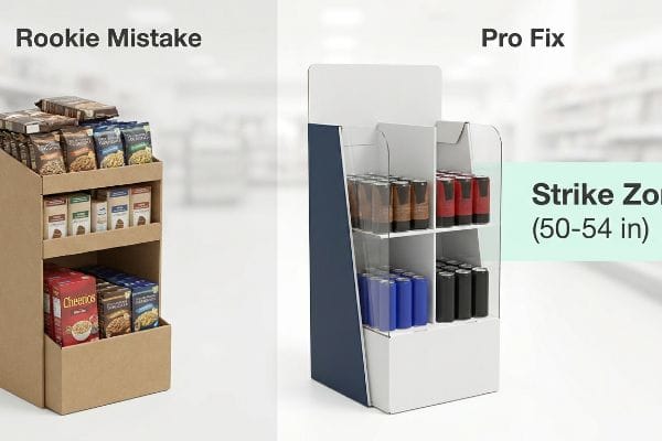 Brown cardboard 'Rookie Mistake' display with low-placed cereals next to a white and blue 'Pro Fix' display highlighting the 'Strike Zone (50-54 In)' for beverages.