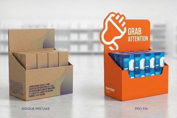 Kraft 'Rookie Mistake' display vs. orange 'Pro Fix' display with 'Grab Attention' header, showing merchandising.