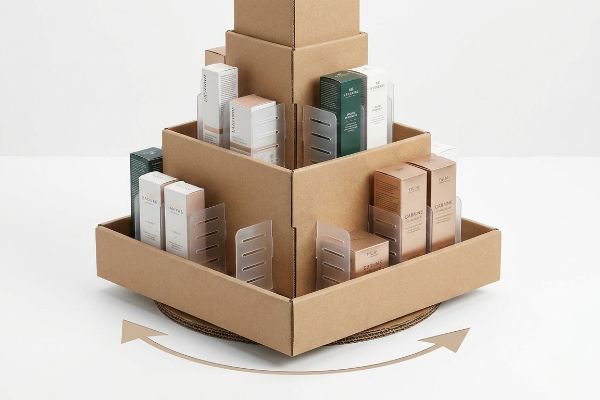 Expositor giratorio de cartón corrugado marrón con separadores modulares transparentes que permiten colocar cajas de diversos productos cosméticos como 'Truly' y 'Carmine'.