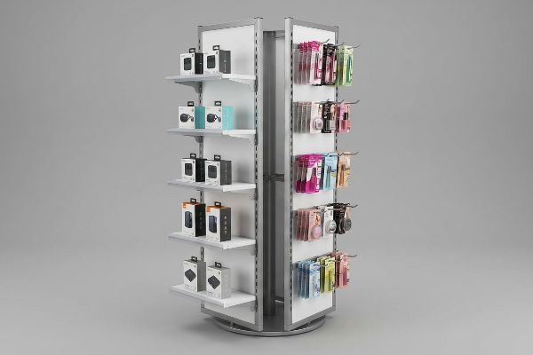 A versatile rotating display stand showcases boxed electronics on floating shelves and blister-packed cosmetics on peg hooks.
