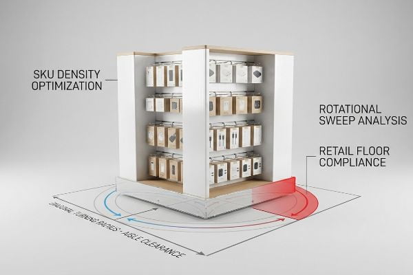 Expositor giratorio blanco para comercios, con productos que ilustran el análisis de barrido rotacional y el cumplimiento de la normativa de suelos comerciales para el radio de giro diagonal y el espacio libre en los pasillos.