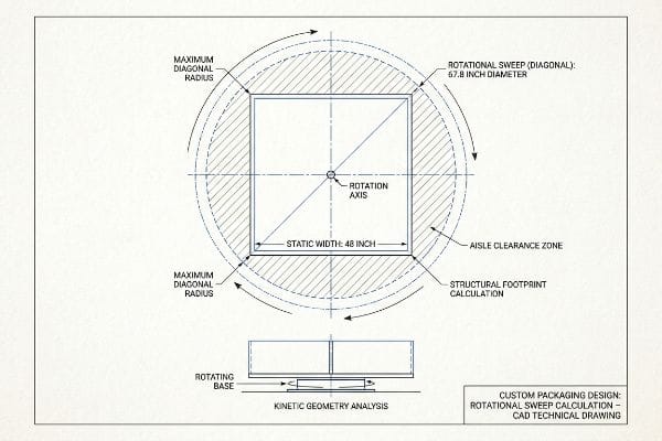 CAD technical drawing of Rotational Sweep Calculation for a 48-inch static display, showing a 67.8-inch diagonal diameter and Aisle Clearance Zone.