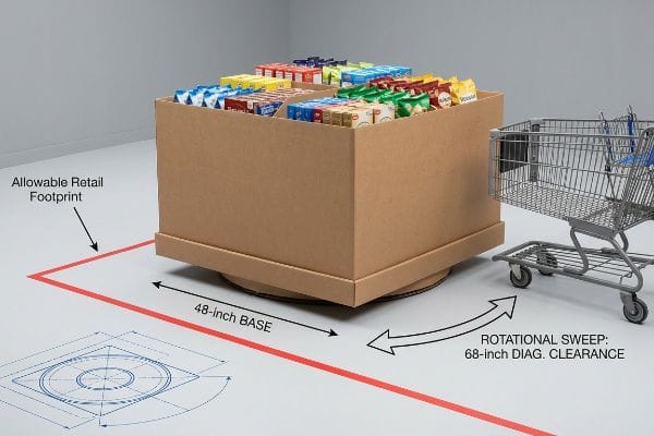 Corrugated point-of-purchase display with 48-inch Base, showing 68-inch Diagonal Clearance Rotational Sweep and Allowable Retail Footprint, next to shopping cart.