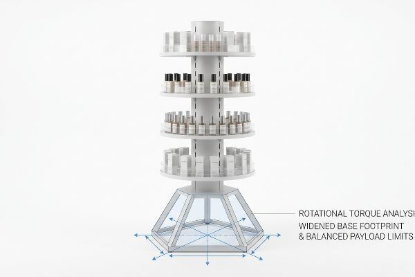 White four-tier kinetic spinner rack for cosmetics, featuring Rotational Torque Analysis, Widened Base Footprint, and Balanced Payload Limits.