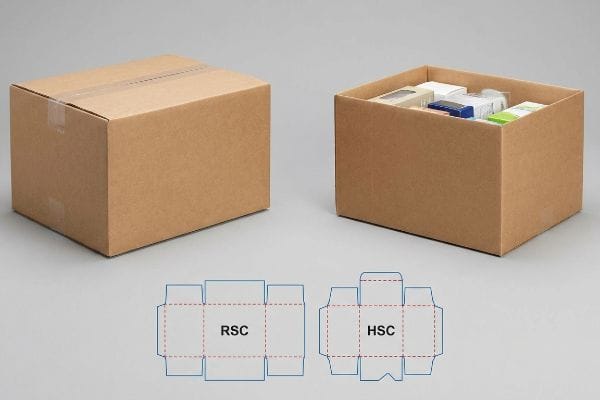Brown corrugated cardboard boxes, a closed Rsc and an open Hsc filled with products, displayed with their structural dieline diagrams.