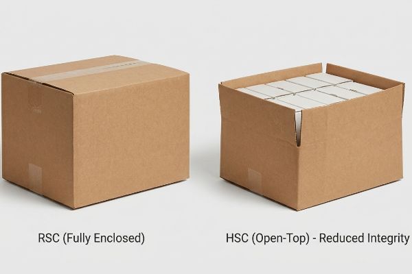 Brown corrugated boxes: a fully enclosed Regular Slotted Container (RSC) and an open-top Half Slotted Container (HSC) with reduced integrity.