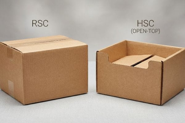 Two brown corrugated cardboard boxes, a closed Regular Slotted Container (RSC) and an open-top Half Slotted Container (HSC).