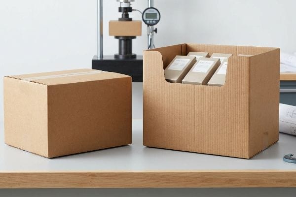 Brown corrugated Regular Slotted Container (RSC) and an open-top Half Slotted Container (HSC) filled with packages, on a testing table with a compression tester.