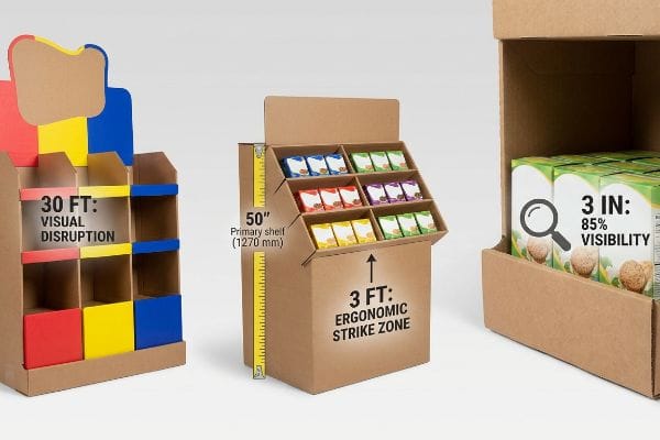 Corrugated retail displays demonstrate the Rule of Three merchandising: 30 Ft Visual Disruption, 50-inch Primary Shelf, 3 In 85% Visibility.