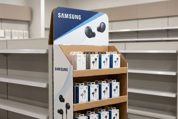 A retail Samsung endcap display showcases various wired and wireless earphones. The cardboard unit features black earbuds on its top sign.
