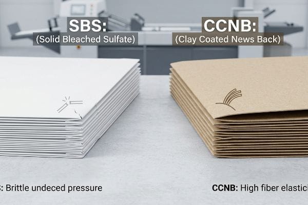 Solid Bleached Sulfate (SBS) paperboard cracks under pressure, labeled 'Brittle undecided pressure', contrasted with flexible Clay Coated News Back (CCNB) showing 'High fiber elasticity'.
