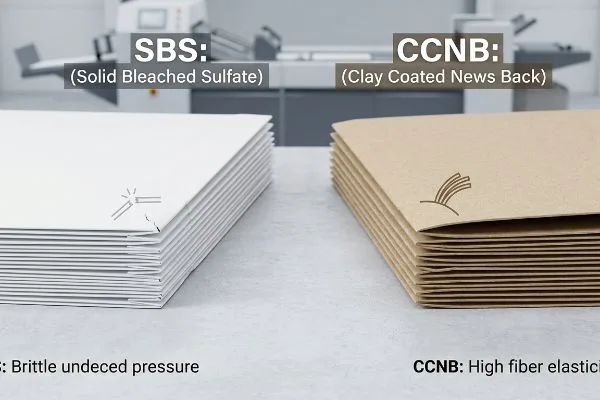 Solid Bleached Sulfate (SBS)-Karton reißt unter Druck, gekennzeichnet als „Spröde bei unbestimmtem Druck“, im Gegensatz zu flexiblem Clay Coated News Back (CCNB), das eine „Hohe Faserelastizität“ aufweist.