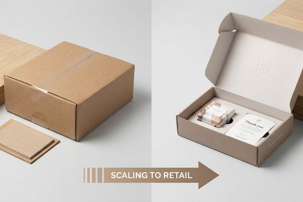 Brown corrugated shipping box transforming into a custom beige retail merchandiser with a product and 'Thank you' card, illustrating Scaling To Retail.