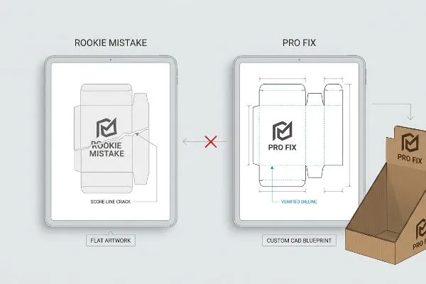 Zwei Tablets zeigen Stanzlinienvergleiche: einen Anfängerfehler mit einem Riss in der Falzlinie auf einer flachen Vorlage, gegenübergestellt einer professionell korrigierten, kundenspezifischen CAD-Zeichnung für eine Wellpapp-Displaybox, die eine verifizierte Stanzlinie hervorhebt.