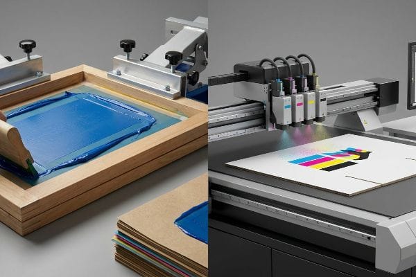 Wooden screen printing frame with blue ink and squeegee, contrasted with a digital flatbed printer applying CMYK ink.
