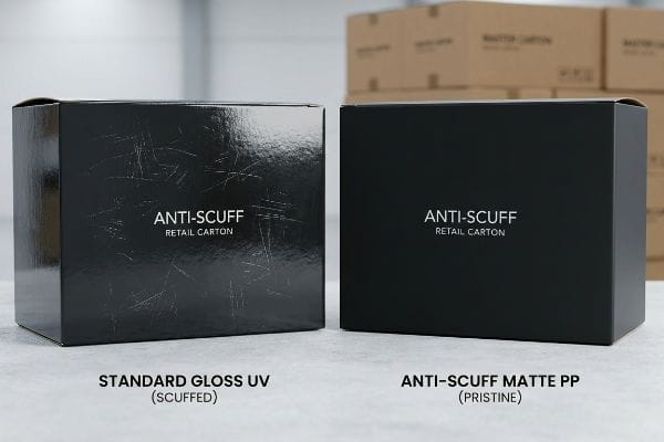 Ein abgenutzter Standard Gloss UV-Verkaufskarton neben einem makellosen Anti-Scuff Matte PP-Verkaufskarton, der die Kratzfestigkeit demonstriert.