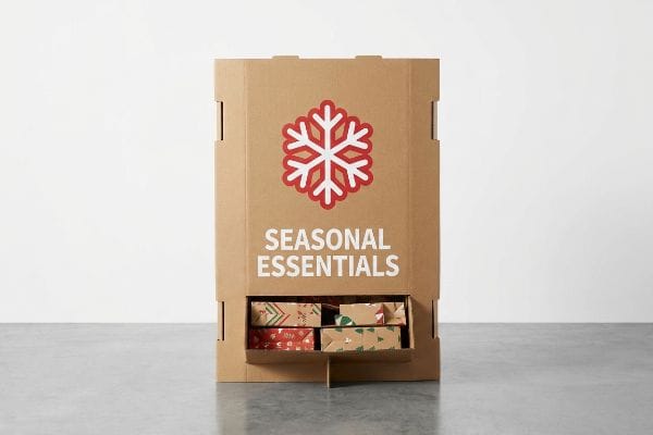 Brown corrugated cardboard display unit featuring a red snowflake logo and 
