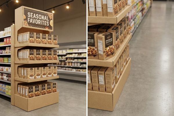 Endkappendisplay aus Wellpappe mit der Überschrift „Saisonale Favoriten“ und Produktboxen der „Premium-Auswahl“.
