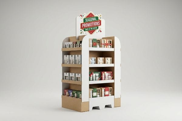 A white and brown cardboard endcap display features