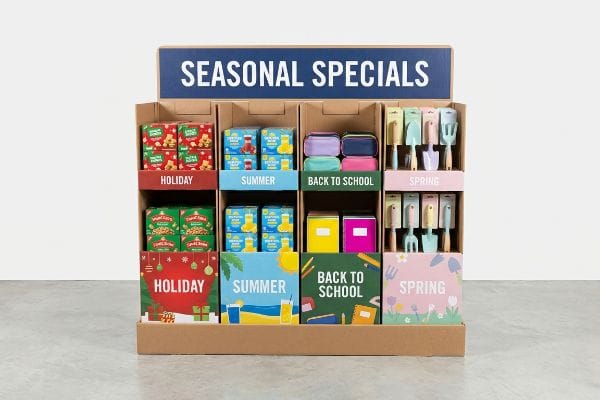 A brown cardboard fractional pallet display features 