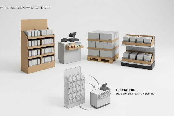 Om Retail Display Strategies with various retail display types including a cardboard floor merchandiser, countertop unit, pallet build, and shelf-ready tray, highlighting The Pro Fix: Separate Engineering Pipelines.