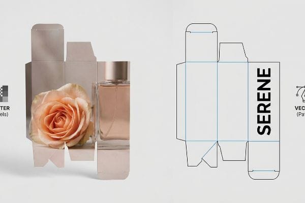 A perfume box featuring a peach rose and glass bottle, juxtaposed with its Serene packaging dieline showing structural folding paths.