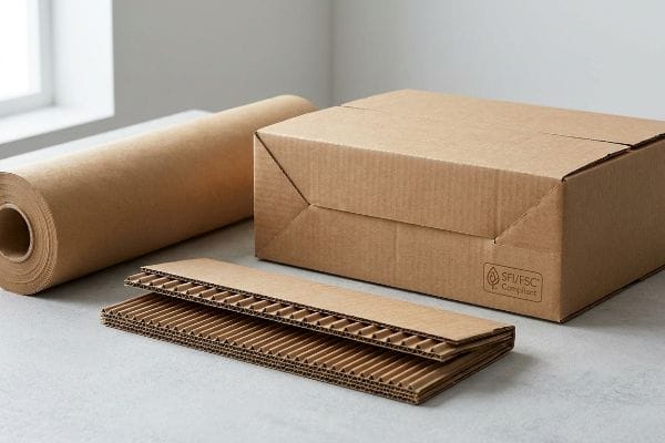 Brown kraft paper roll, SFI/FSC Compliant corrugated box, and stacked fluted cardboard for sustainable packaging.
