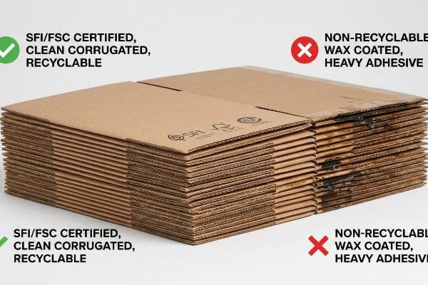 SFI/FSC Certified, clean corrugated, recyclable boxes contrasted with non-recyclable, wax-coated, heavy adhesive cardboard.