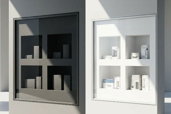 Recessed window displays: dark unit with shadowed products versus white unit with visible packaging, highlighting light reflection.