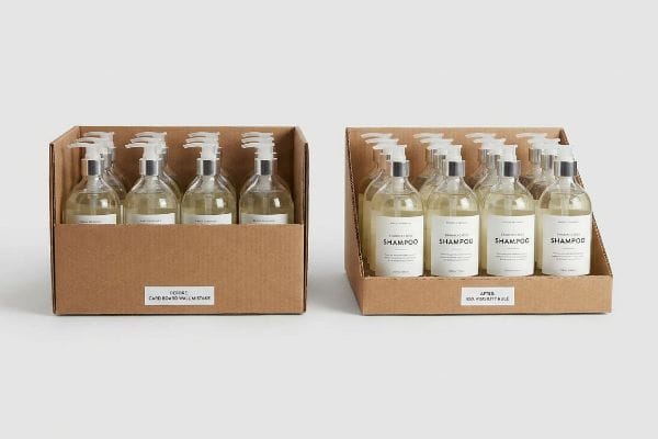 Brown cardboard shelf trays display clear shampoo bottles, contrasting the 'Cardboard Wall Mistake' with the '85% Visibility Rule' for retail packaging.