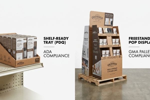 Dronnish shelf-ready PDQ tray on shelf (ADA compliance) and freestanding POP display on pallet (GMA compliance).