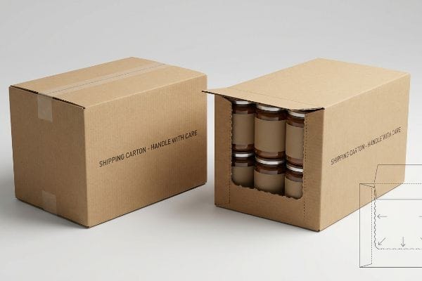 開いた段ボール製の輸送用カートンには、茶色のラベルが付いたガラス瓶が6個入っており、その横には閉じた段ボール箱が1つ置かれている。どちらにも「輸送用カートン - 取り扱い注意」と表示されている。.