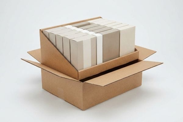 Corrugated master carton containing a light brown PDQ tray filled with various retail-ready product boxes for shelf display.