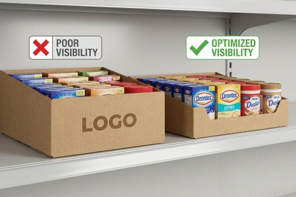 Corrugated display trays on shelf. Poor Visibility box hides products. Optimized Visibility box shows Deontex, Dialsafe items.