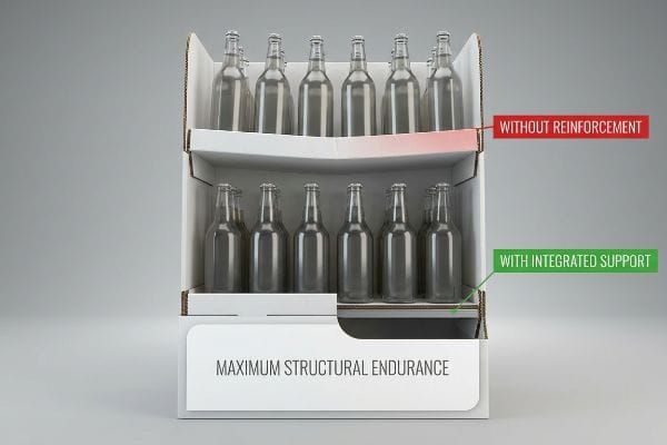 Corrugated display shows shelf sag 'Without Reinforcement' and stable 'With Integrated Support', proving 'Maximum Structural Endurance'.