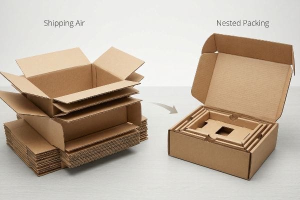 Brown corrugated cardboard boxes illustrate the contrast between 'Shipping Air' and efficient 'Nested Packing' for freight savings.